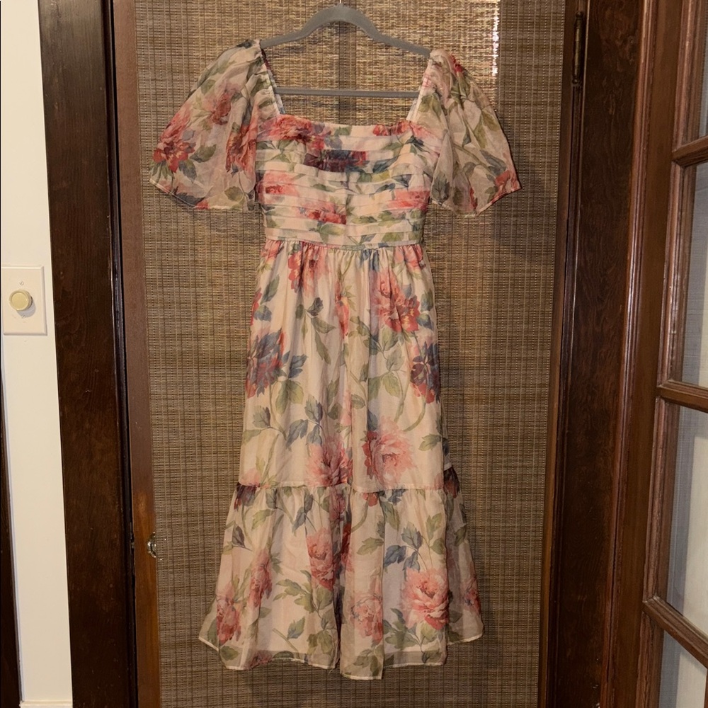 Abercrombie & Fitch Cream Floral Square-Neck Midi Dress